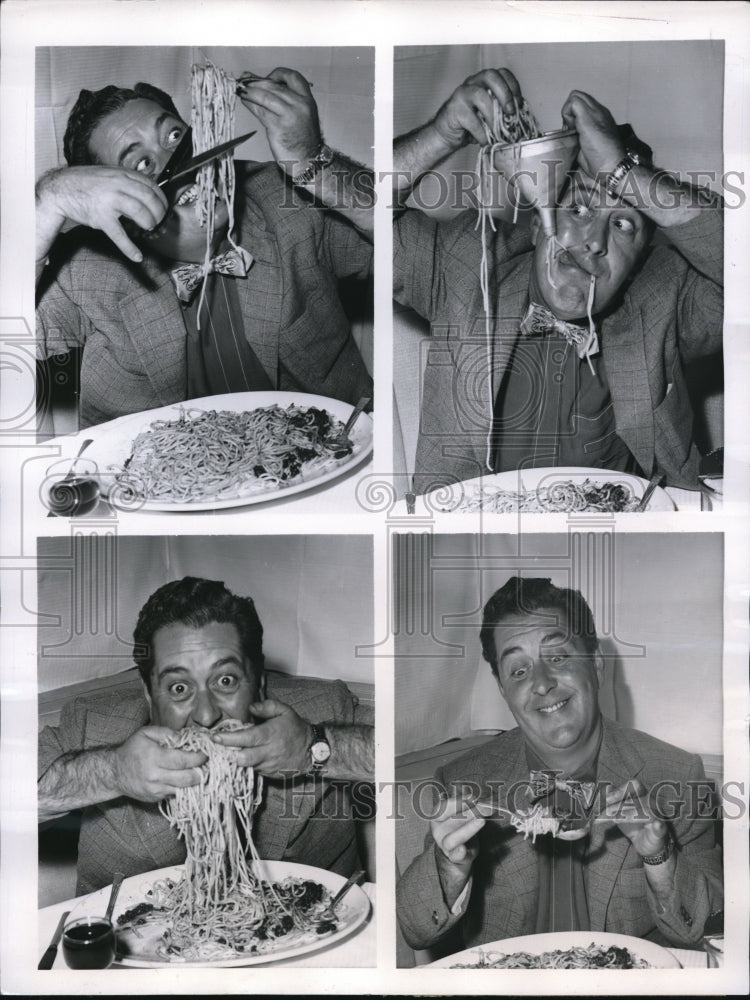 1955 Chicago Sam Cowling comedian on Breakfast Club with spaghetti - Historic Images