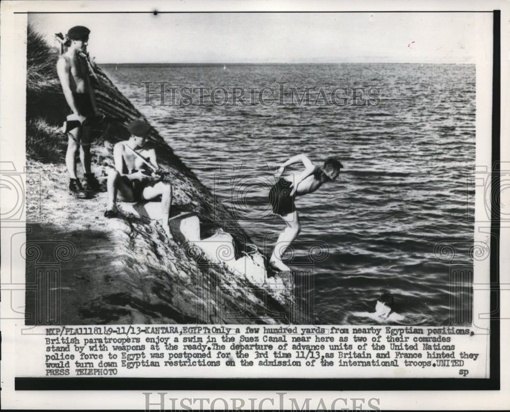 1956 Kantara Egypt paratroopers at Suez canal swim on leave time - Historic Images