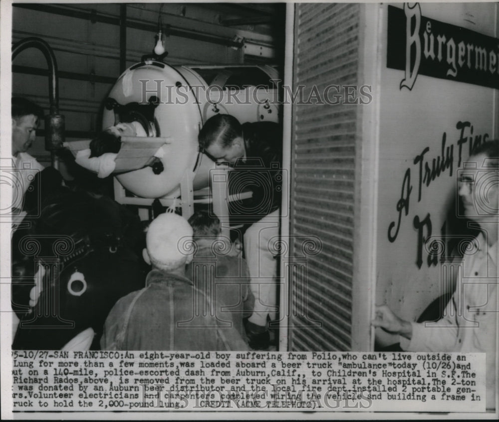 1951 Press Photo San Francisco Polio victim Rich Rado in iron lung at hospital - Historic Images