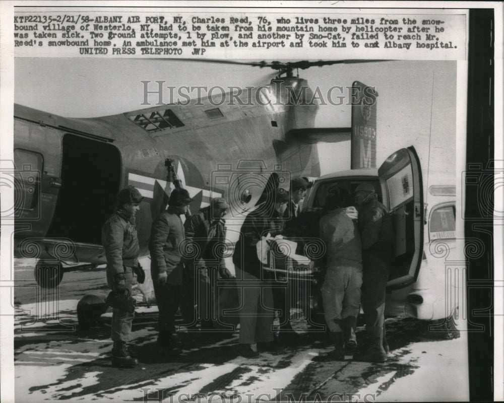 1958 Albany NY Charles Reed rescued by sno cat &amp; copter in snow - Historic Images