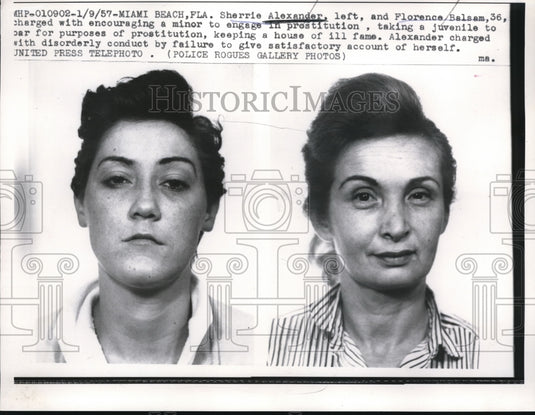 1957 Press Photo Miami Beach Fla Sherrie Alexander,Florence Balsam prostitution charges - Historic Images