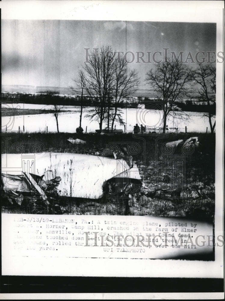 1959 Press Photo Lebanon Pa wreckage of small twin engine plane - Historic Images