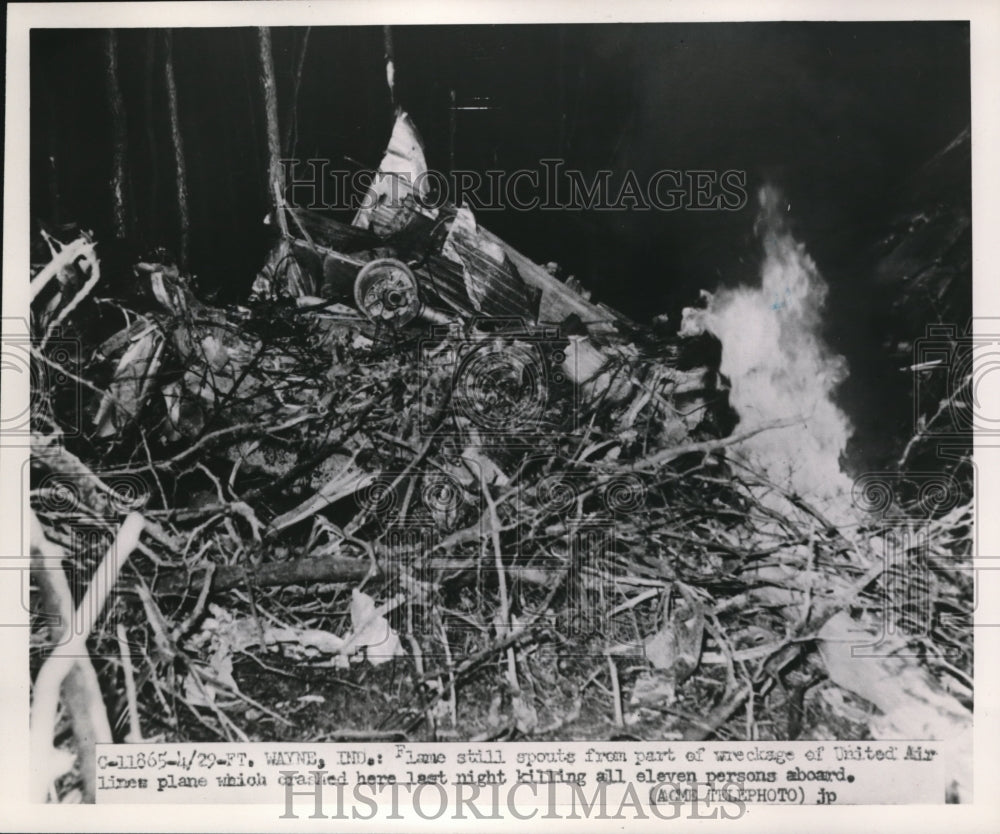 1951 Press Photo Flames still spout from a wreckage of the plane crash - Historic Images