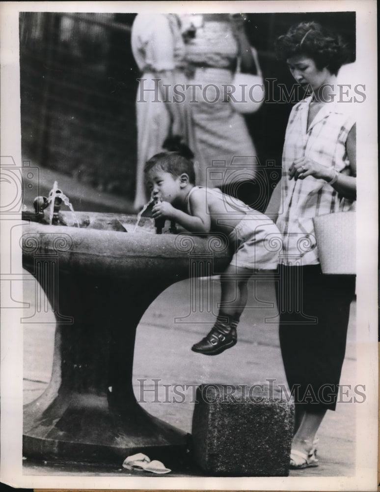 1959 Press Photo Chicago Youngster &amp; his mom at a water fountain in a park - Historic Images