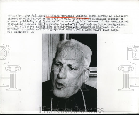 1968 Press Photo Cardinal Cushing defend the Kennedy and Onassis marriage - Historic Images