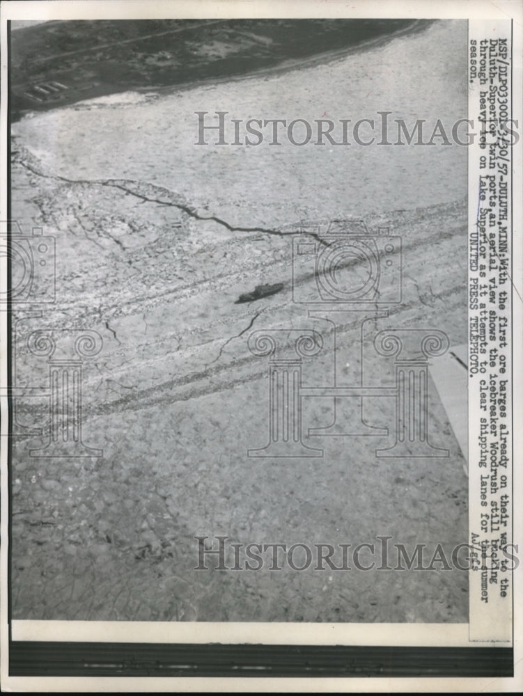 1956 Press Photo  Ore Barges on way to Duluth Superior twin ports - Historic Images