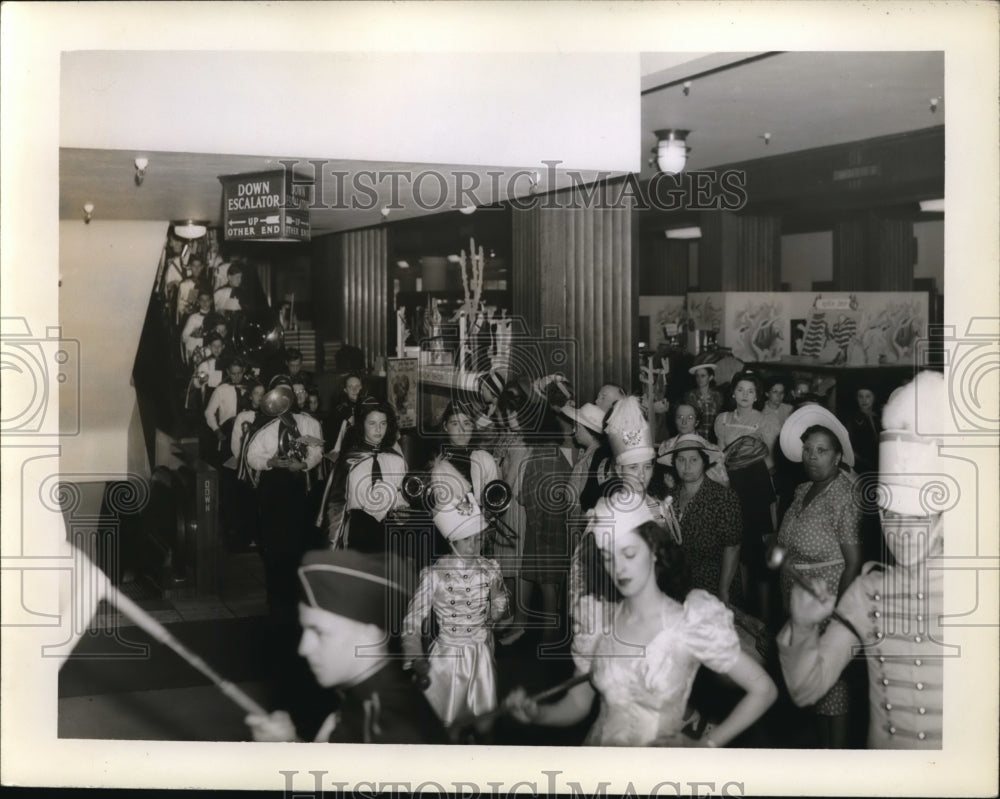 1947 Press Photo May Co band parading to a balcony - Historic Images