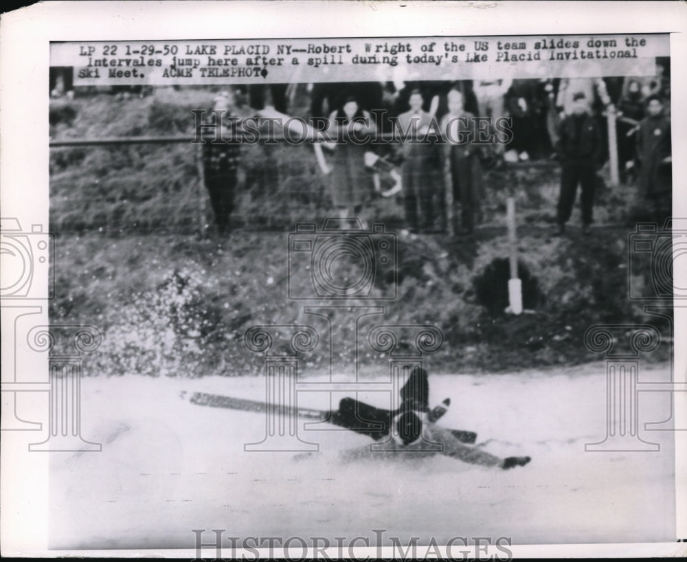 1950 Press Photo Lake Placid NY Robert Wright falls in ski jump at meet - Historic Images