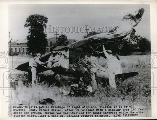 1948 Press Photo Wreckage of a light airplane piloted by an 18 year old student - Historic Images