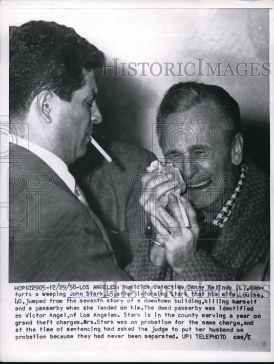 1958 Press Photo Los Angeles Detective Danny Gallindo comforts John Stark - Historic Images