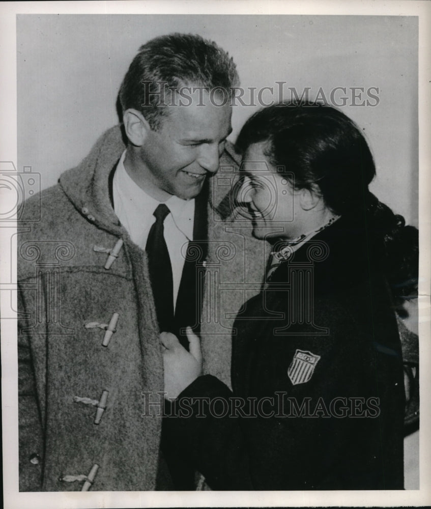 1952 Boston Mass. Andrea Mead &amp; husband David Lawrence for Olympics - Historic Images