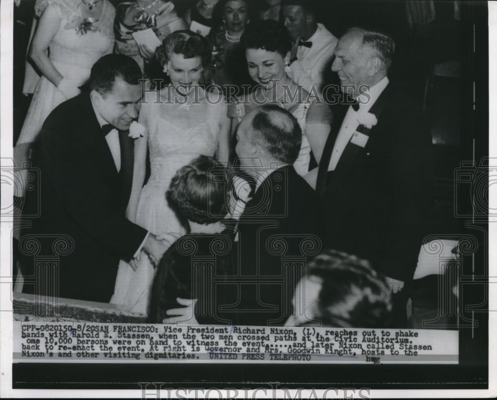 1956 Press Photo San Francisco Vice President Nixon shakes with Harold Stassen - Historic Images