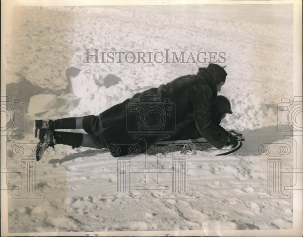 1936 Press Photo Mrs GH Warren &amp; son David sledding on ahill - Historic Images