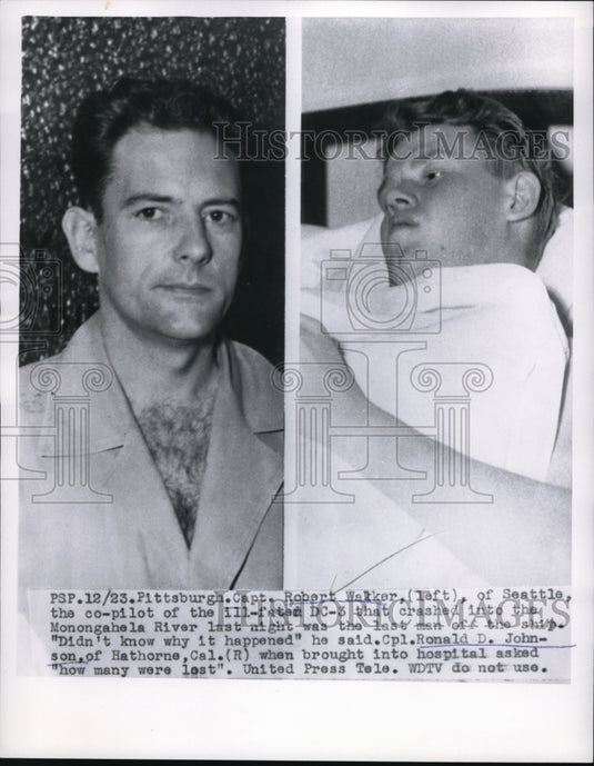 1955 Press Photo Pittsburgh Capt Rbt Walker & Cpl Ron D Johnson planecrash - Historic Images