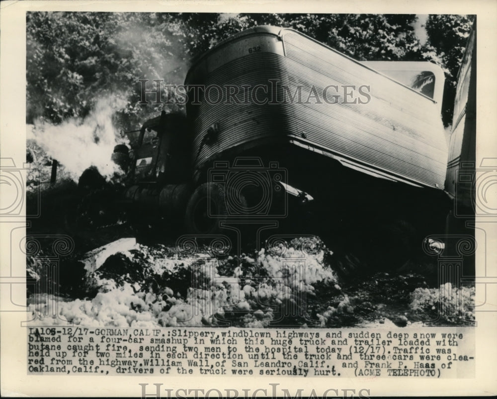 1948 Press Photo Girman Calif  4 car crash with a semi truck caught fire - Historic Images