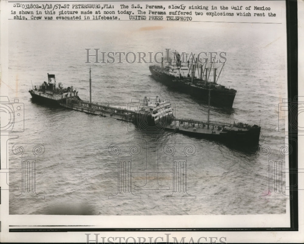 1957 Press Photo St Peterburg FLa SS Perma sinking in Gulf of Mexico - Historic Images