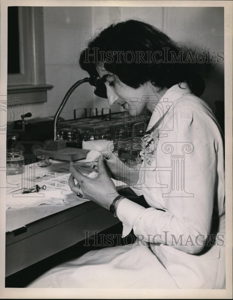 1949 Press Photo Rose Chiodo Prepares Tissue Specimen for Lab Study - Historic Images