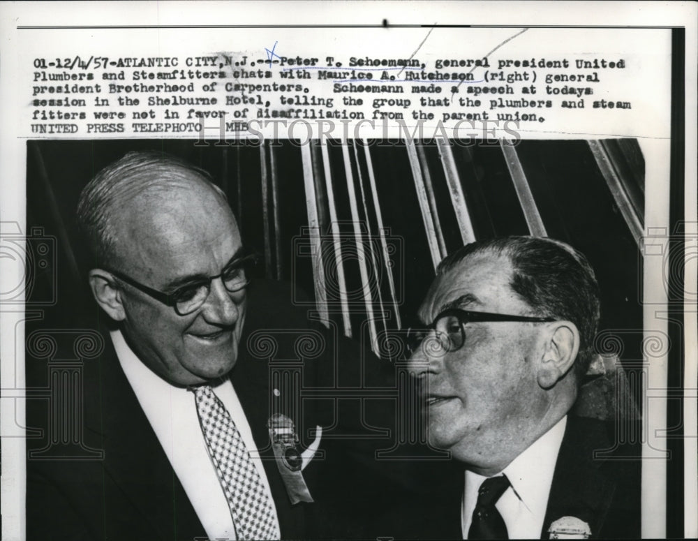 1957 Press Photo Peter T. Schoemann Chats with Marice A. Hutcheson in New Jersey - Historic Images