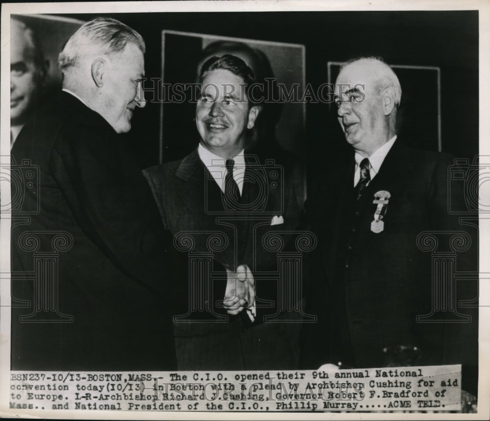 1947 Press Photo Archbishop Cushing, Gov Bradford, &amp; CIO Natl Pres Murray - Historic Images