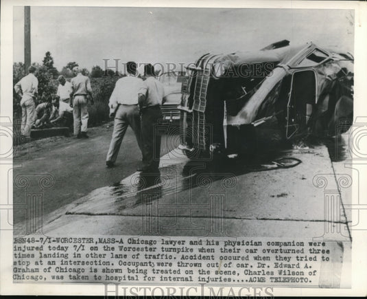 1949 Press Photo Worcester Mass car overturned and 2 injured when thrown out - Historic Images