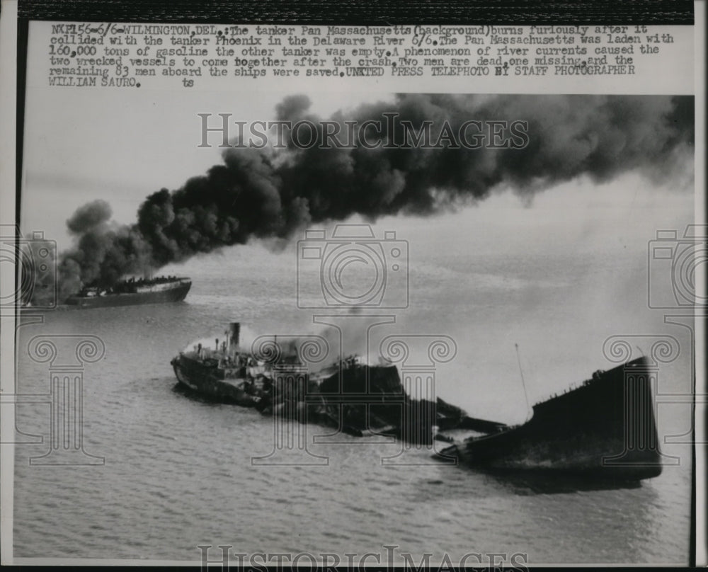 1953 Press Photo Pan Massachusetts burns after collided to Tanker Phoenix - Historic Images