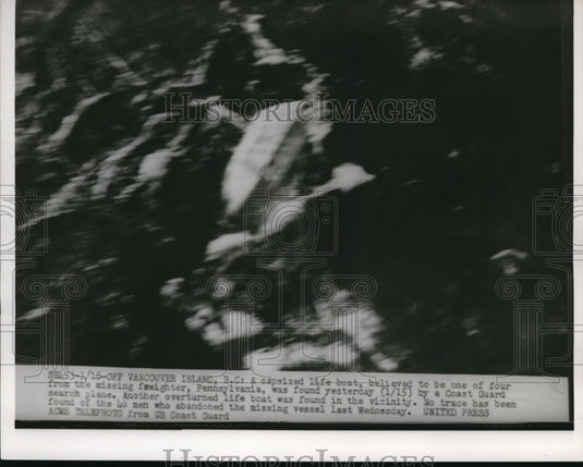 1952 Press Photo Vancouver Island BC Canada  capsized lifeboat from ship Penn. - Historic Images