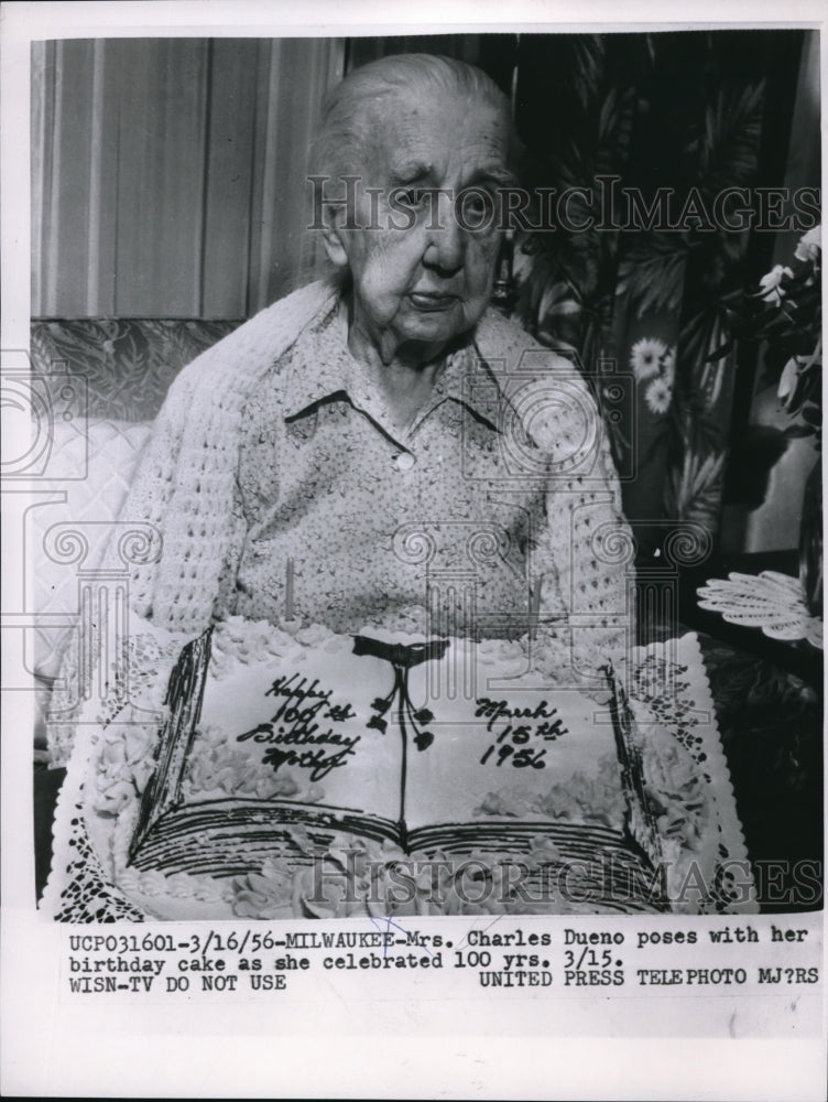 1956 Press Photo 100-year-old Mrs. Charles Dueno with her birthday cake - Historic Images