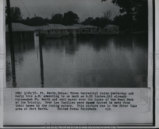 1957 Press Photo Floods sent water over the banks of the West Fork. - Historic Images