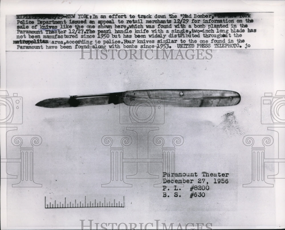 1957 Press Photo NYC Knife found planted with a bomb at Paramount Theater - Historic Images