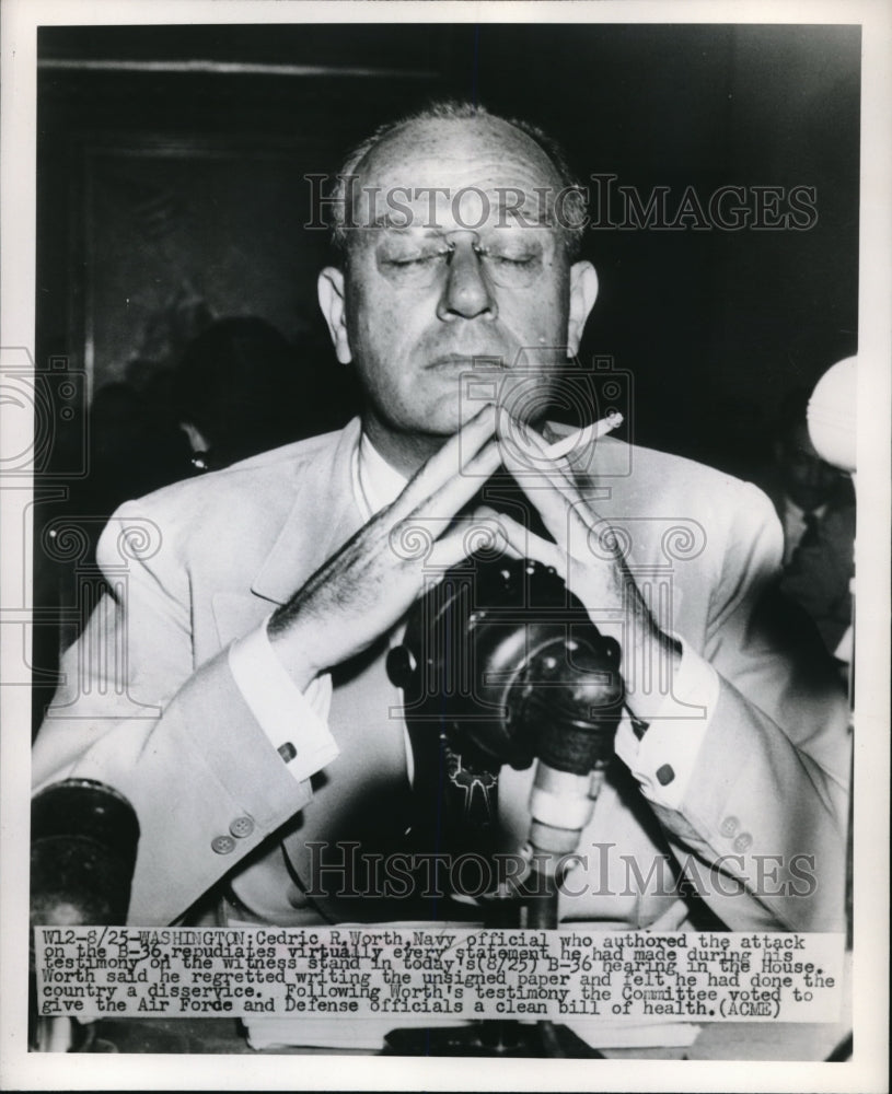 1949 Press Photo B-36 program author Navy Official Cedric Worth testifies - Historic Images