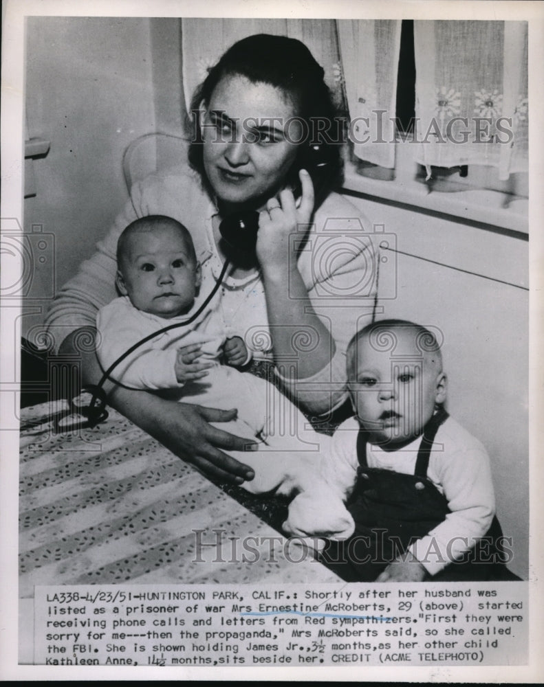 1951 Press Photo Mrs. Ernestine McRoberts receives calls from Red symphatizers - Historic Images