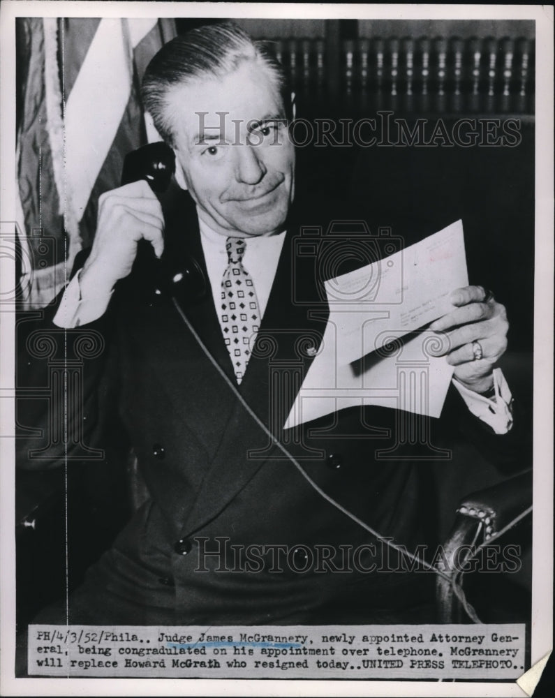 1952 Press Photo Newly appointed Atty Gen Judge James McGrannery - Historic Images