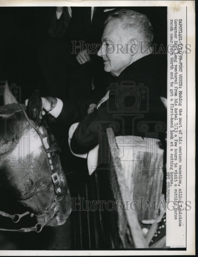 1959 Press Photo Louisiana Governor Earl Long visited a cutting horse - Historic Images