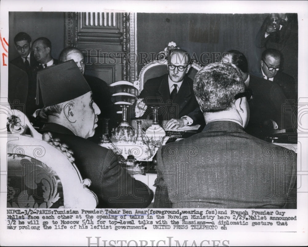 1956 Press Photo Premier Tahar Ben Amar and Premier Guy Mollet face at talks - Historic Images