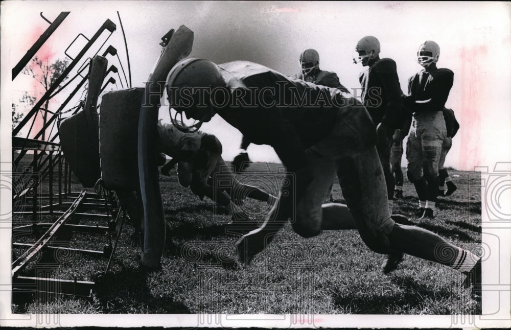 Press Photo Blocking sled in use of football practice field - nec95489 - Historic Images