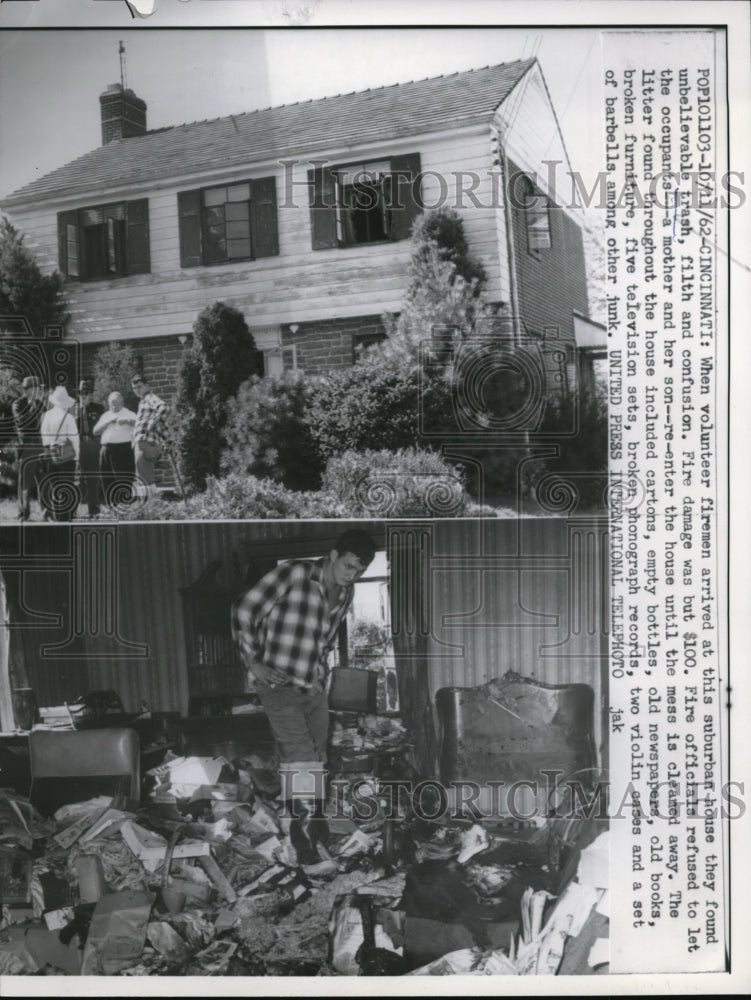 1962 Press Photo Minimal Fire Damage in Cincinnati reveals trash and hoarding - Historic Images