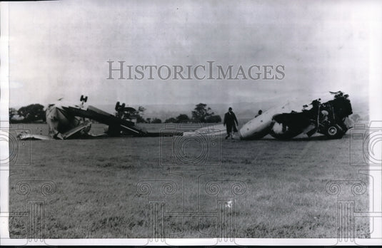 1965 Officials inspecting scattered wreckage of a Hawker Siddely 748 - Historic Images