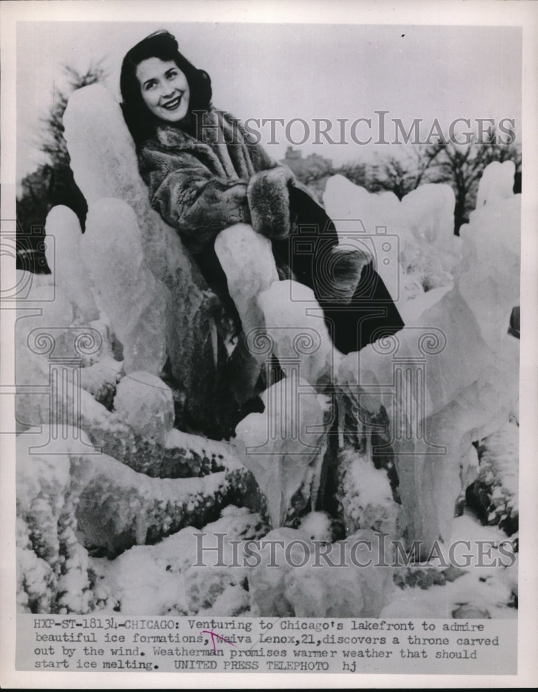 1958 Press Photo Chicago Ill Waiva Lenox in ice and snow at the lakefront - Historic Images