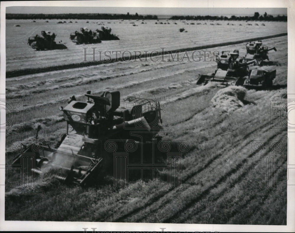 1960 Press Photo Krasnodar USSR modern combines at wor in a farm field - Historic Images