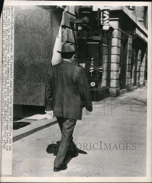 1948 Press Photo John L. Lewis Leaves Office for Barber Shop - Historic Images