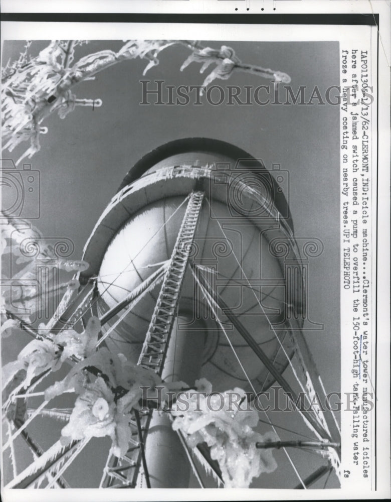 1962 Press Photo Icicles From Clermont&#39;s Water Tower in Indiana - nec96791 - Historic Images