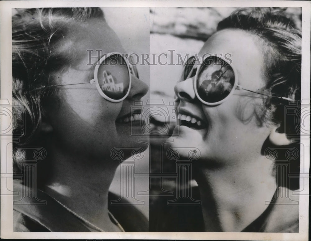 1938 Press Photo Dorothy Crabtree, Betty Billups wearing reflective sunglasses - Historic Images