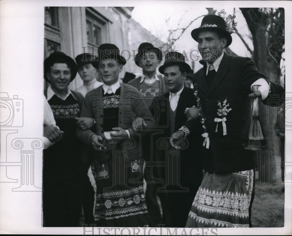 1953 Press Photo Bachelor friends of Yugoslav Bridegroom dance to pick up bride - Historic Images