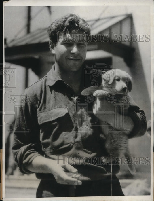 1933 Press Photo J Trimbolk of Brooklyn & his puppie at CCC camp in Montana - Historic Images