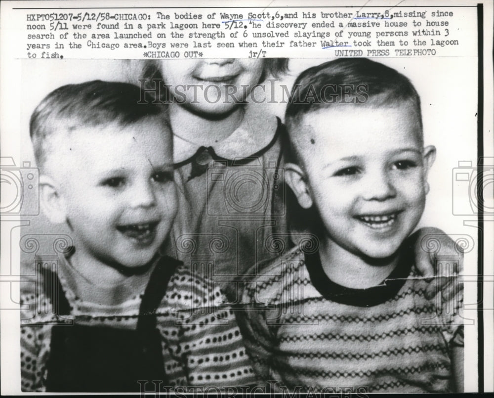 1958 Press Photo Chicago Wayne Scott &amp; brother Larry boys found dead in a lagoon - Historic Images