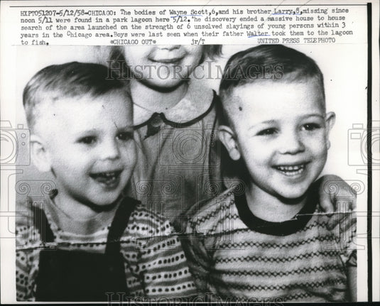 1958 Press Photo Chicago Wayne Scott & brother Larry boys found dead in a lagoon - Historic Images
