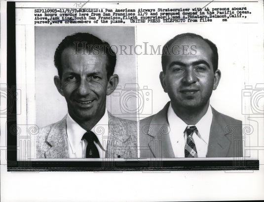 1957 Press Photo Honolulu Jack King & A Pinatarro crew of lost airplane - Historic Images