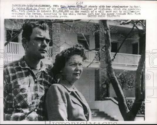 1958 Press Photo Oleburne Tex Mrs Agnes Kirk & husband to inherit 15 million - Historic Images