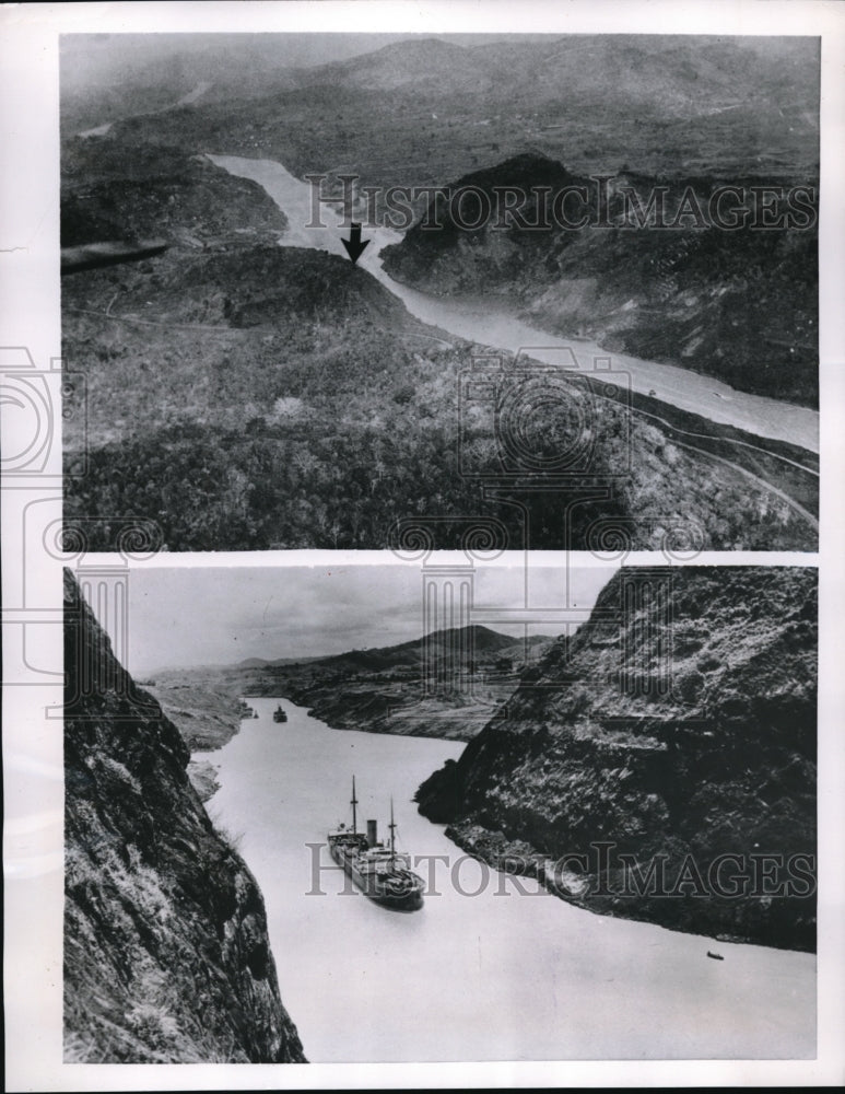 1954 Air view of a ship in the Panama Canal near a landslide area - Historic Images