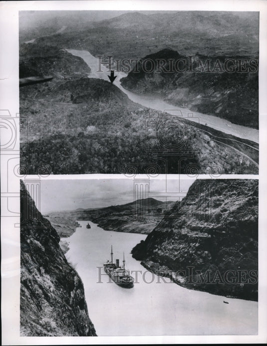 1954 Air view of a ship in the Panama Canal near a landslide area - Historic Images